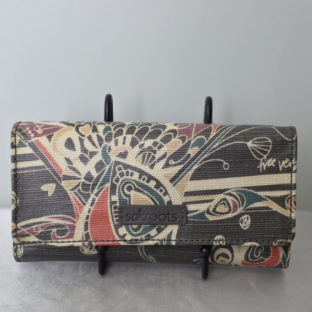 Sakroots Black Floral Swirl Trifold Wallet with Red and Teal Accents